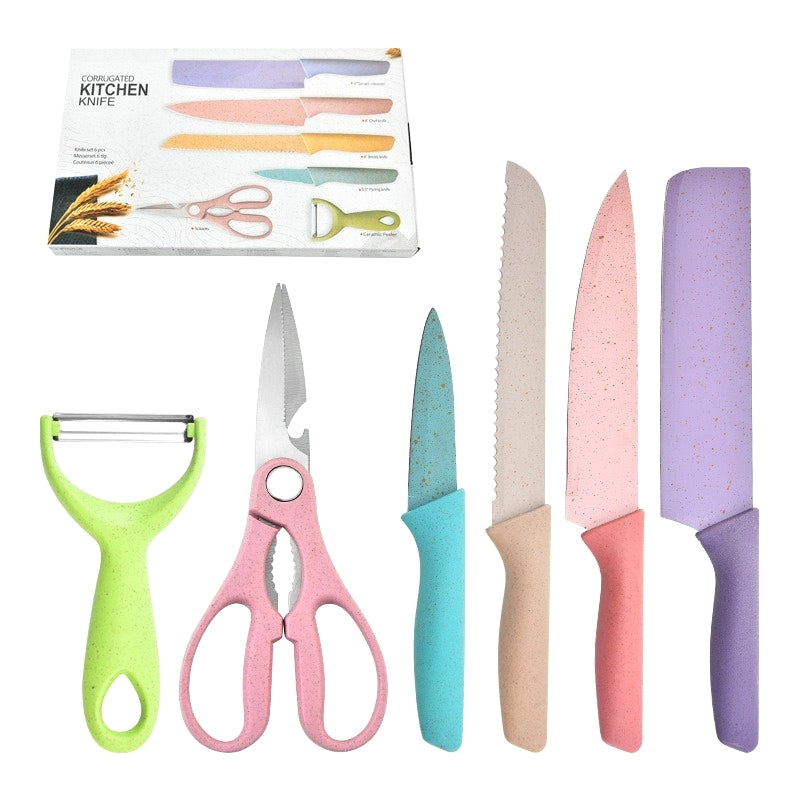 Macaron-Colored Stainless Steel Knife Set Six-Piece Wheat Straw Design with Gift Box
