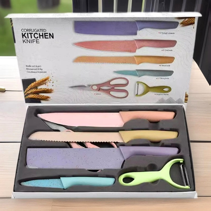 Macaron-Colored Stainless Steel Knife Set Six-Piece Wheat Straw Design with Gift Box
