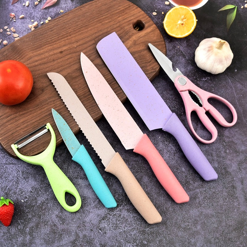Macaron-Colored Stainless Steel Knife Set Six-Piece Wheat Straw Design with Gift Box